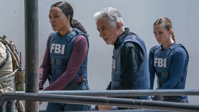 L-R: Aisha Tyler as Tara Lewis, Joe Mantegna as David Rossi, and A.J. Cook as Jennifer “JJ” Jareau in Criminal Minds: Evolution, episode 10, season 17 streaming on Paramount+, 2024.