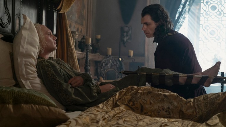 King Aegon II (Tom Glynn-Carney) and Lord Larys Strong (Matthew Needham) in House of the Dragon season 2 episode 8.