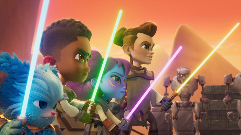 (L-R): Nubs (voiced by Dee Bradley Baker), Kai Brightstar (voiced by JeCobi Swain), Lys Solay (voiced by Juliet Donenfeld), and Wes Vinik (voiced by Gunnar Sizemore) from "STAR WARS: YOUNG JEDI ADVENTURES (Season 2)